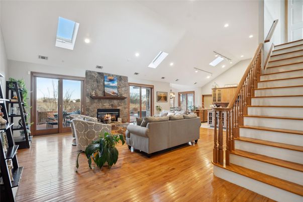 Fireplace, Interior, Living room, Recessed Lighting, Wood Texture Flooring