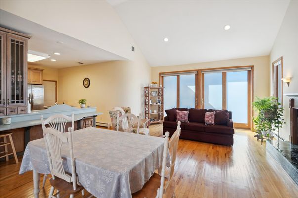Dining room, Interior, Kitchen, Living room, Recessed Lighting, Wood Texture Flooring
