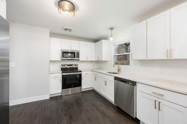 Interior, Kitchen, Stainless Steel Appliances, Wood Texture Flooring