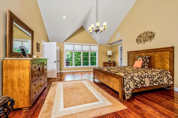 Bedroom, Chandelier, Interior, Recessed Lighting, Wood Texture Flooring