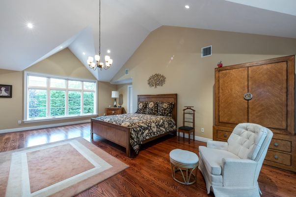 Bedroom, Chandelier, Interior, Recessed Lighting, Wood Texture Flooring