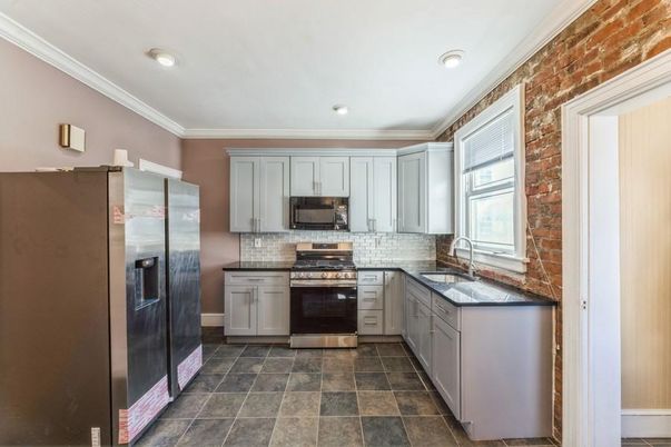 Interior, Kitchen, Recessed Lighting, Stainless Steel Appliances, Stone Walls