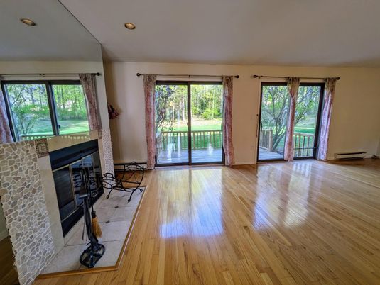 Empty room, Fireplace, Interior, Recessed Lighting, Wood Texture Flooring