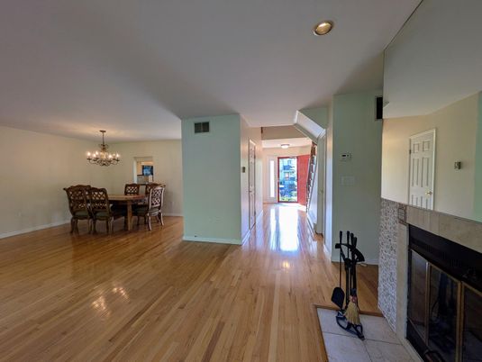 Chandelier, Dining room, Fireplace, Interior, Wood Texture Flooring