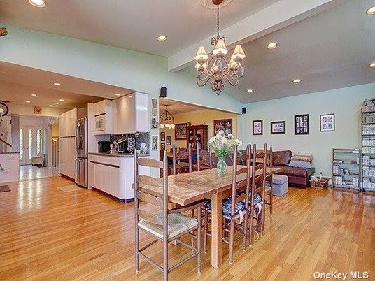 Chandelier, Dining room, Interior, Kitchen, Living room, Recessed Lighting, Wood Texture Flooring