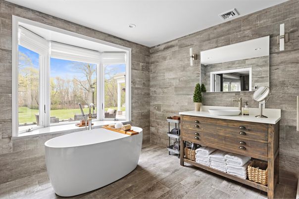Bathroom, Dual Sink Vanities, Free Standing Baths, Interior, Recessed Lighting, Wood Texture Flooring