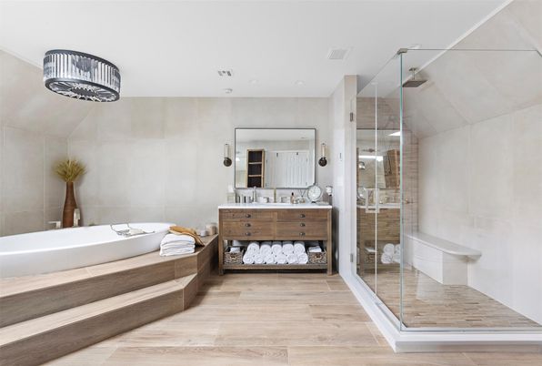 Bathroom, Glass Shower, Interior, Recessed Lighting, Wood Texture Flooring