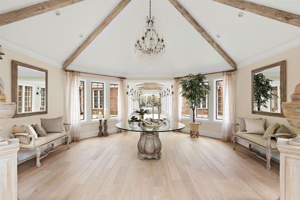 Chandelier, Interior, Living room, Recessed Lighting, Wooden Beams, Wood Texture Flooring