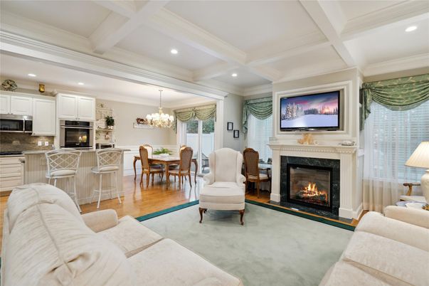 Chandelier, Dining room, Fireplace, Interior, Kitchen, Living room, Recessed Lighting, Wood Texture Flooring