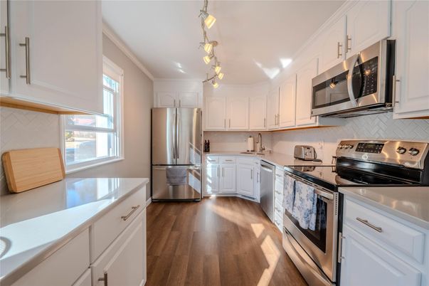 Interior, Kitchen, Pendant Lights, Stainless Steel Appliances, Wood Texture Flooring