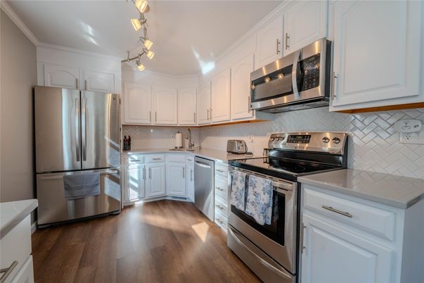 Interior, Kitchen, Pendant Lights, Stainless Steel Appliances, Wood Texture Flooring