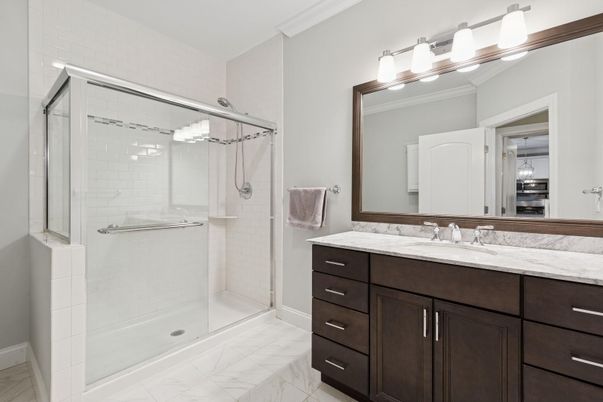 Bathroom, Dual Sink Vanities, Glass Shower, Interior, Marble