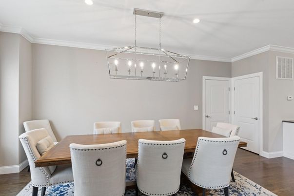 Dining room, Interior, Pendant Lights, Recessed Lighting, Wood Texture Flooring