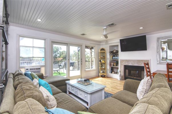 Fireplace, Interior, Living room, Recessed Lighting, Wood Texture Flooring