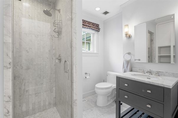 Bathroom, Glass Shower, Interior, Marble Walls, Recessed Lighting