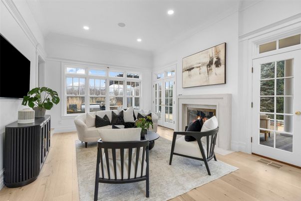 Fireplace, Interior, Living room, Recessed Lighting, Wood Texture Flooring
