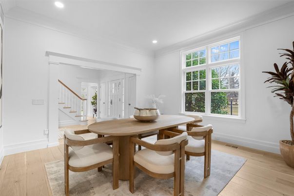 Dining room, Interior, Recessed Lighting, Wood Texture Flooring