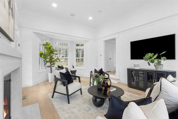 Fireplace, Interior, Living room, Recessed Lighting, Wood Texture Flooring