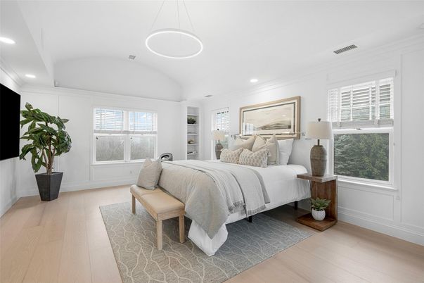 Bedroom, Interior, Pendant Lights, Recessed Lighting, Wood Texture Flooring
