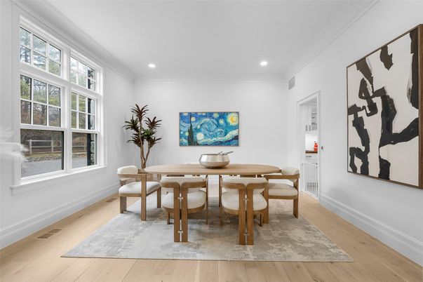Dining room, Interior, Recessed Lighting, Wood Texture Flooring