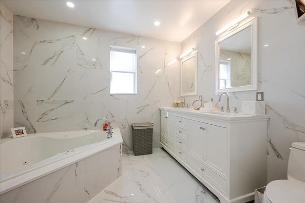 Bathroom, Dual Sink Vanities, Interior, Marble, Marble Walls, Recessed Lighting