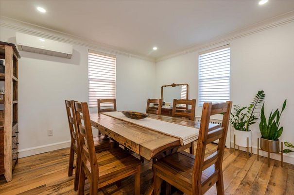 Dining room, Interior, Recessed Lighting, Wood Texture Flooring