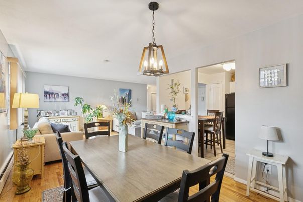 Dining room, Interior, Pendant Lights, Wood Texture Flooring