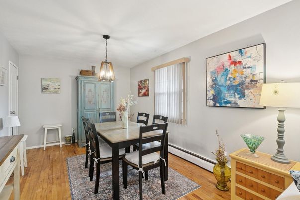 Dining room, Interior, Pendant Lights, Wood Texture Flooring