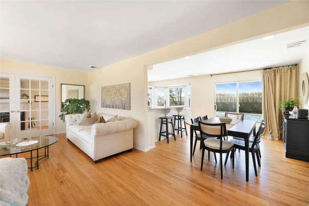 Dining room, Interior, Living room, Recessed Lighting, Wood Texture Flooring