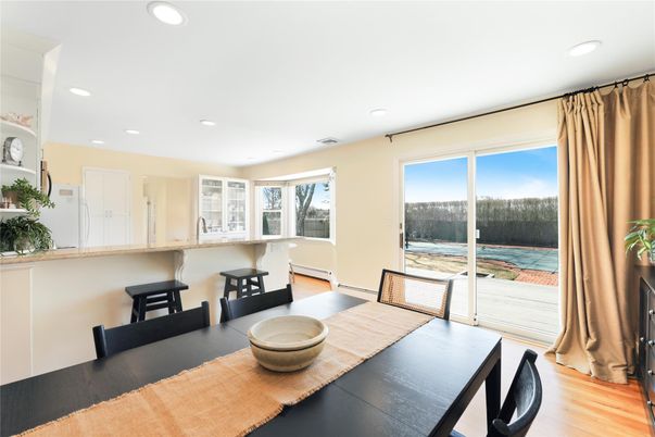 Dining room, Interior, Recessed Lighting, Wood Texture Flooring