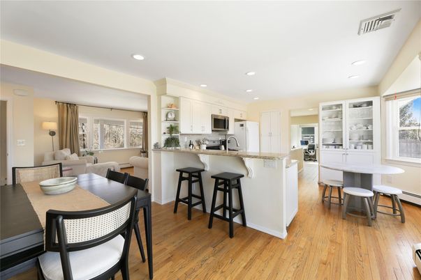 Dining room, Interior, Kitchen, Living room, Recessed Lighting, Stainless Steel Appliances, Wood Texture Flooring