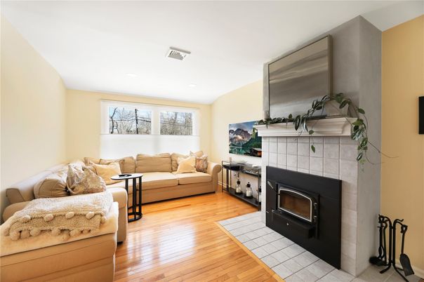 Fireplace, Interior, Living room, Recessed Lighting, Wood Texture Flooring