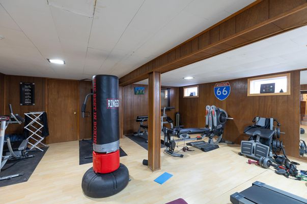 Fitness Equipment, Interior, Recessed Lighting, Wood Texture Flooring, Wooden Walls