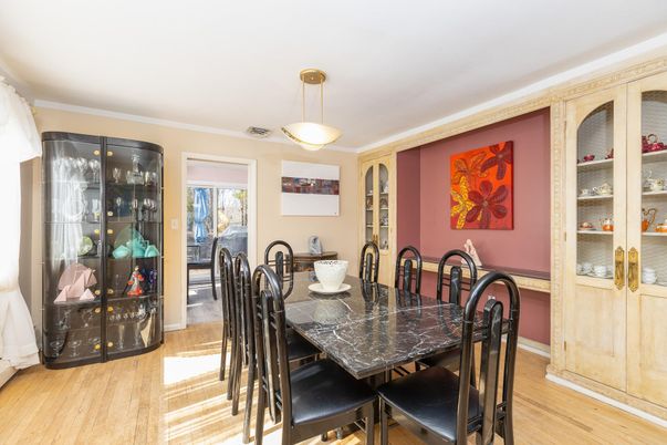 Dining room, Interior, Pendant Lights, Wood Texture Flooring