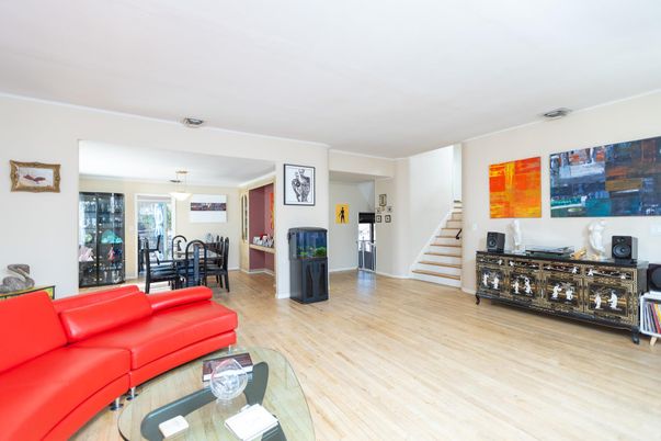 Dining room, Interior, Living room, Pendant Lights, Wood Texture Flooring