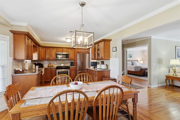 Bedroom, Dining room, Interior, Kitchen, Pendant Lights, Stainless Steel Appliances, Wood Texture Flooring