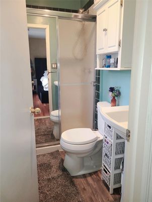 Bathroom, Glass Shower, Interior, Wood Texture Flooring