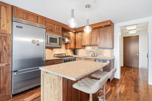Interior, Kitchen, Pendant Lights, Stainless Steel Appliances, Wood Texture Flooring