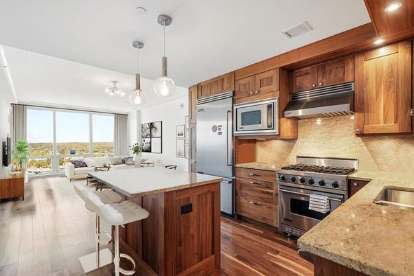 Interior, Kitchen, Living room, Pendant Lights, Recessed Lighting, Stainless Steel Appliances, Wood Texture Flooring