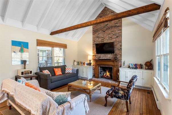 Fireplace, Interior, Living room, Stone Walls, Wooden Beams, Wood Texture Flooring