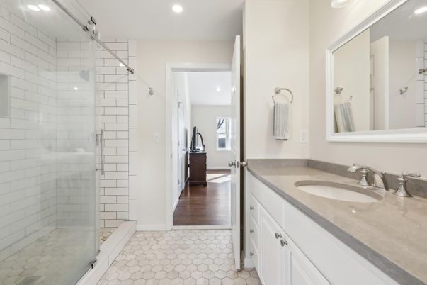 Bathroom, Glass Shower, Interior, Recessed Lighting, Wood Texture Flooring