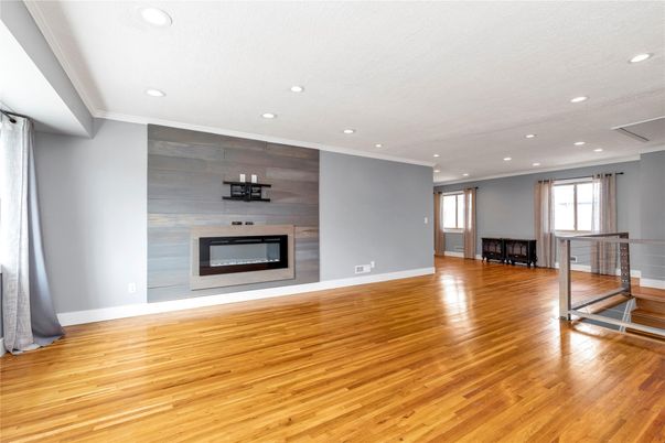 Empty room, Fireplace, Interior, Recessed Lighting, Wood Texture Flooring, Wooden Walls