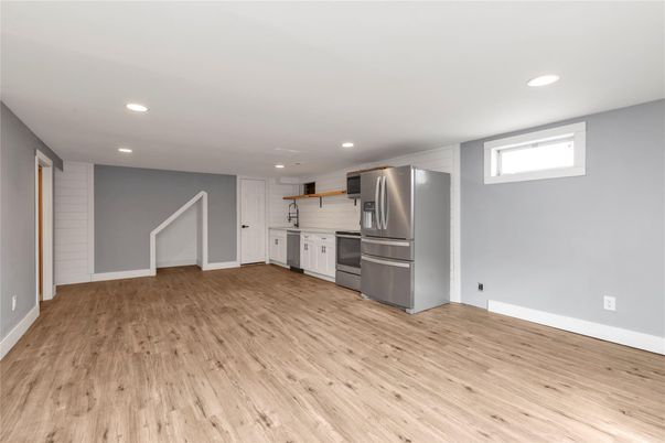 Interior, Kitchen, Recessed Lighting, Stainless Steel Appliances, Wood Texture Flooring