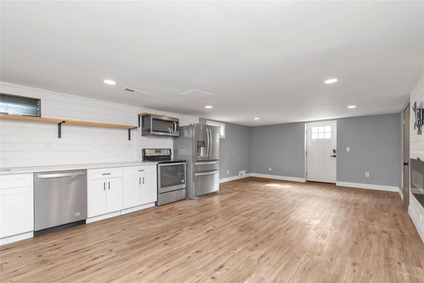 Interior, Kitchen, Recessed Lighting, Stainless Steel Appliances, Wood Texture Flooring