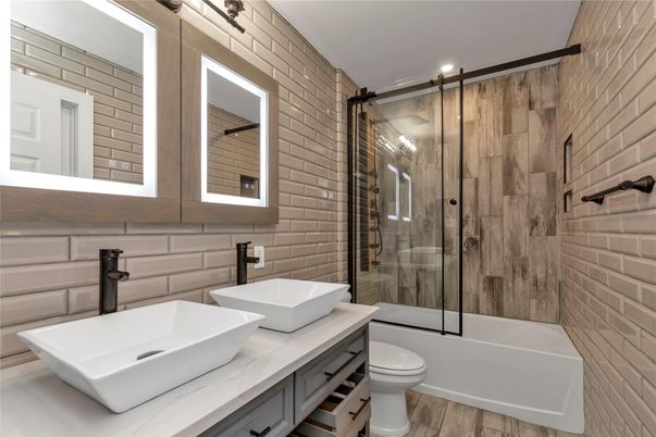 Bathroom, Glass Shower, Interior, Wood Texture Flooring