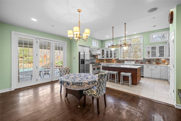 Chandelier, Interior, Kitchen, Pendant Lights, Recessed Lighting, Stainless Steel Appliances, Wood Texture Flooring