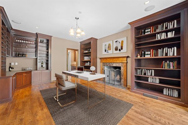 Fireplace, Home Office, Interior, Pendant Lights, Recessed Lighting, Wood Texture Flooring
