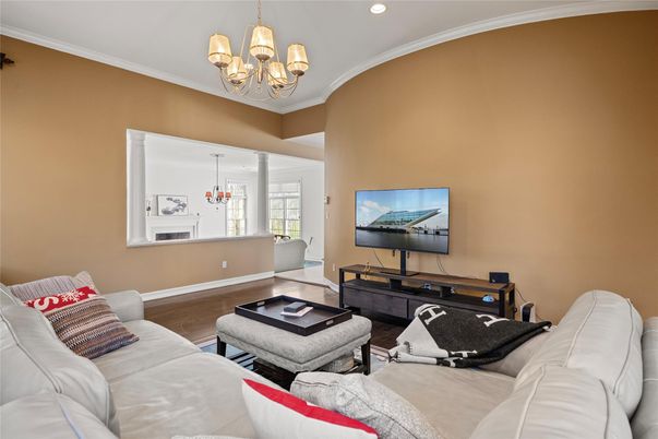 Chandelier, Interior, Living room, Recessed Lighting, Wood Texture Flooring
