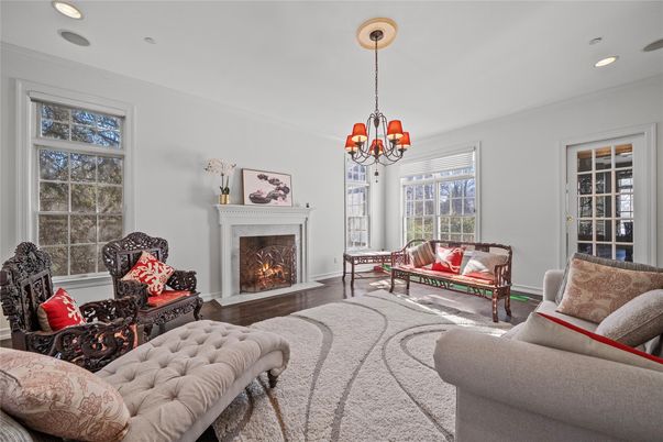 Chandelier, Fireplace, Interior, Living room, Recessed Lighting, Wood Texture Flooring