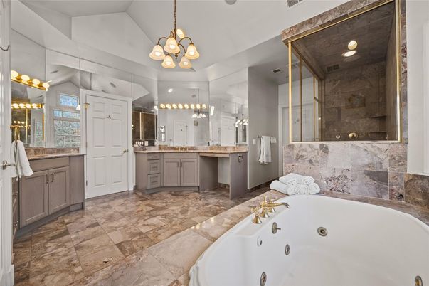 Bathroom, Chandelier, Dual Sink Vanities, Free Standing Baths, Glass Shower, Interior, Pendant Lights